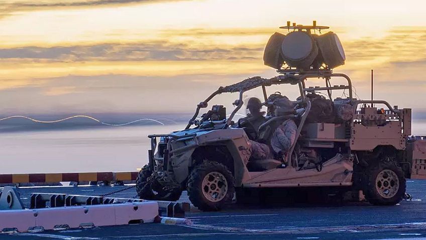 US Marine Corps all-terrain vehicle with an anti-drone detection and jamming system, equipped with RADA's radar